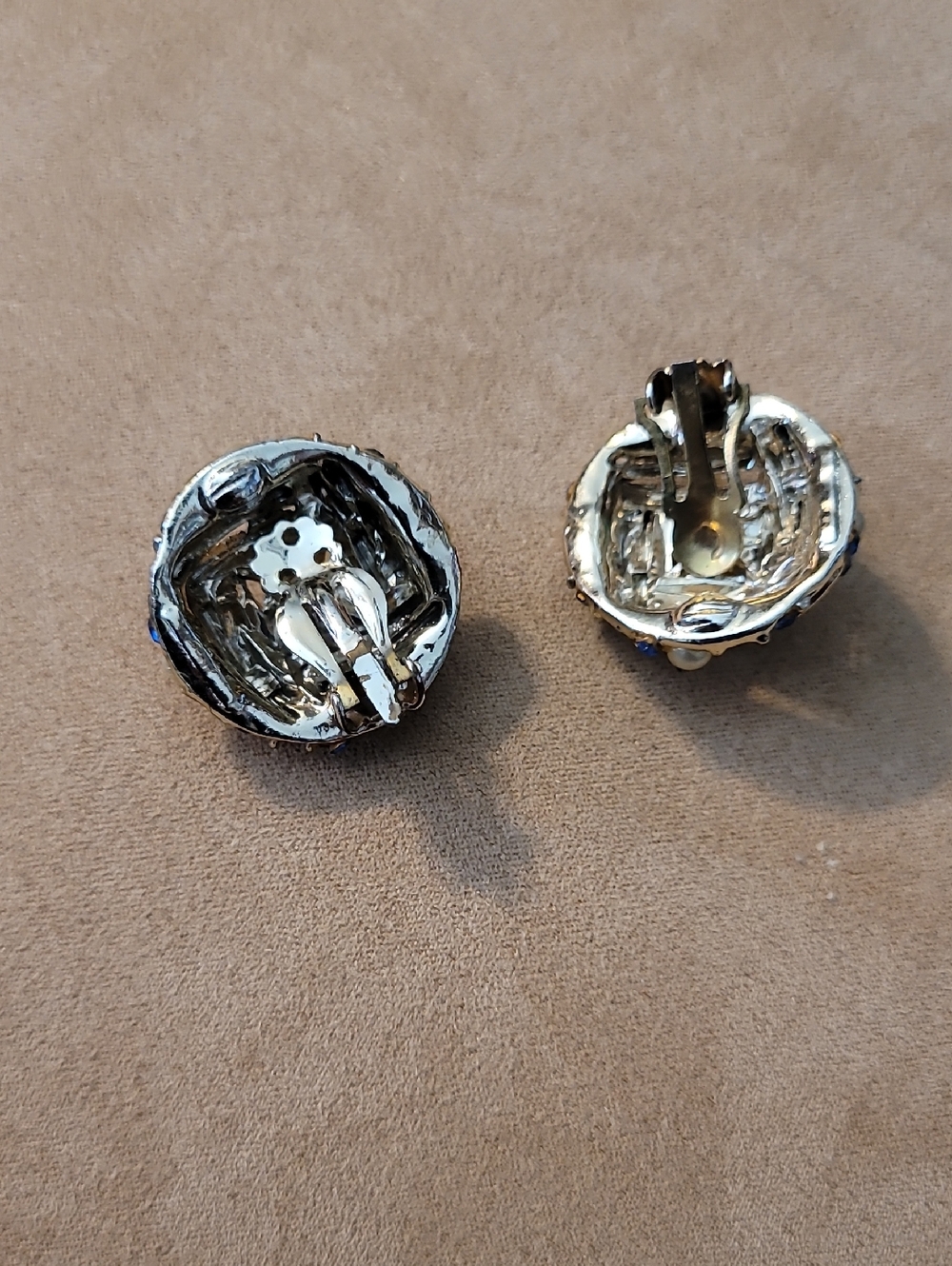 Earrings Vintage Blue Rhinestones Pearls Clip - Picture 2 of 6